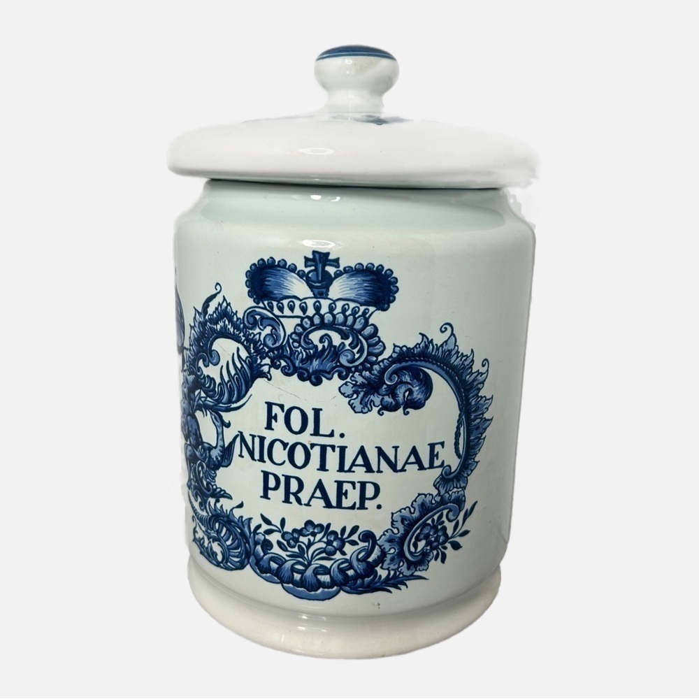Vintage Delft Blue Holland Lidded Tobacco Apothecary Jar Floral 8.5x5.5”